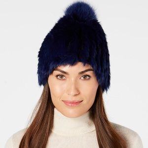 Marcus Adler Slouchy Beanie – Navy Rabbit Fur w/ Fox Pom NWT